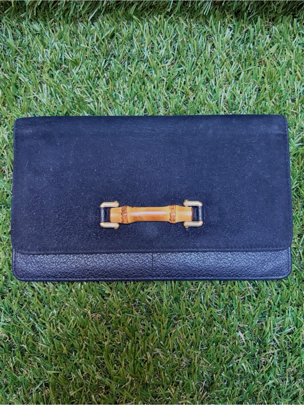 Vintage Gucci Bamboo Detail Suede & Leather Long Wallet